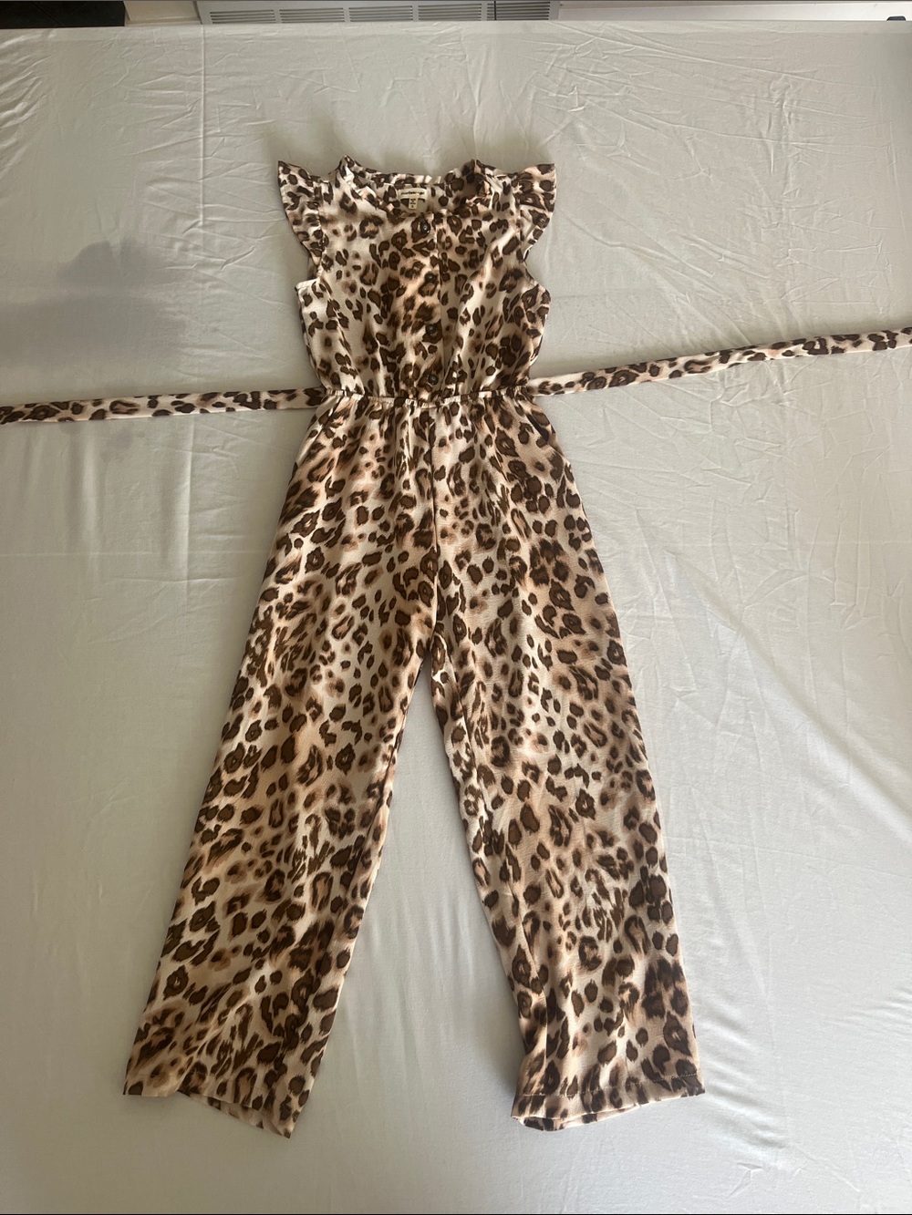 Monteau Cream and Brown Leopard-Print Ruffle-Shoulder One-Piece